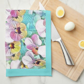 ピンク絵画、黄色、白パンの水色 キッチンタオル (四つ折り)