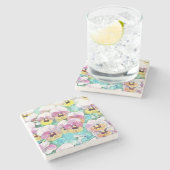 ピンク絵画、黄色、白パンの水色 ストーンコースター (横)