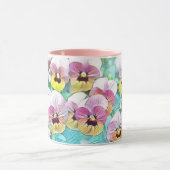 ピンク絵画、黄色、白パンの水色 マグカップ (中央)