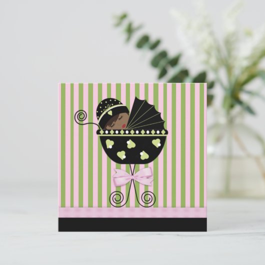 ピンク緑のアフリカ系アメリカ人のベビーガールシャワー 招待状 (スタンド正面)