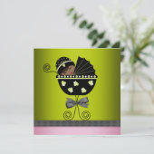 ピンク緑のアフリカ系アメリカ人のベビーガールシャワー 招待状 (スタンド正面)