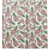 ピンク緑の水色のフローラパイナップルパターン シャワーカーテン (正面)