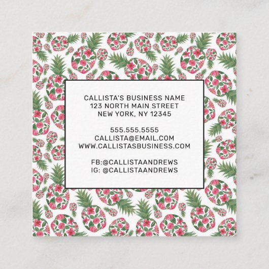 ピンク緑の水色のフローラパイナップルパターン スクエア名刺 (裏面)