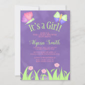 ピンク緑の紫の蝶の赤ちゃん女の子シャワー 招待状 (正面)