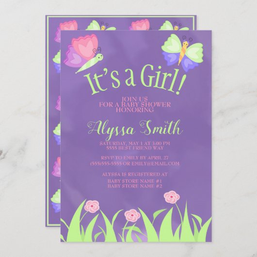 ピンク緑の紫の蝶の赤ちゃん女の子シャワー 招待状 (正面/裏面)
