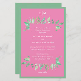 ピンク緑の緑の葉予算の結婚式の招待