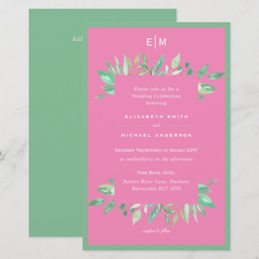 ピンク緑の緑の葉予算の結婚式の招待 (正面/裏面)