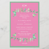 ピンク緑の緑の葉予算の結婚式の招待 (正面)