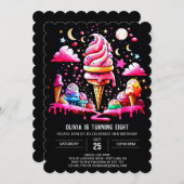 ピンク編集可能エレガントアイスクリームガール誕生日 招待状 (正面/裏面)