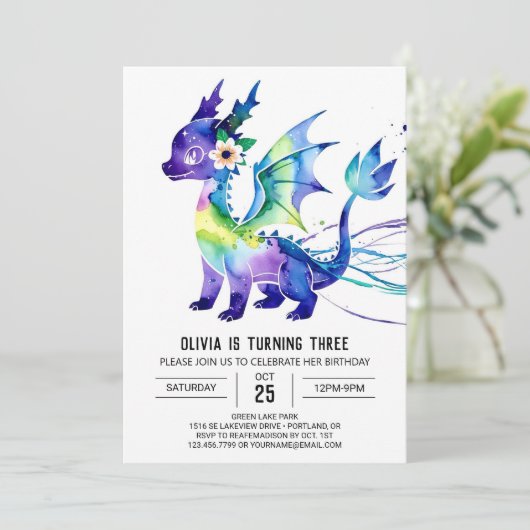 ピンク編集可能ドラゴンデジタルガールバースデー 招待状 (スタンド正面)