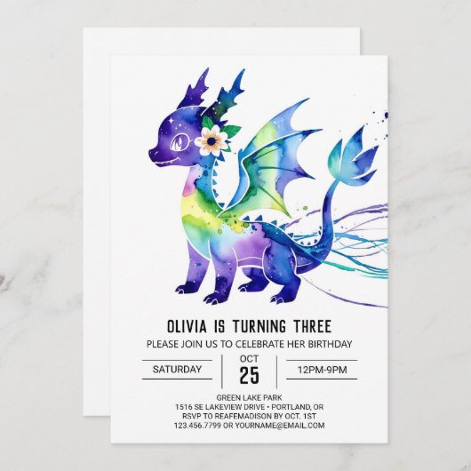 ピンク編集可能ドラゴンデジタルガールバースデー 招待状 (正面/裏面)