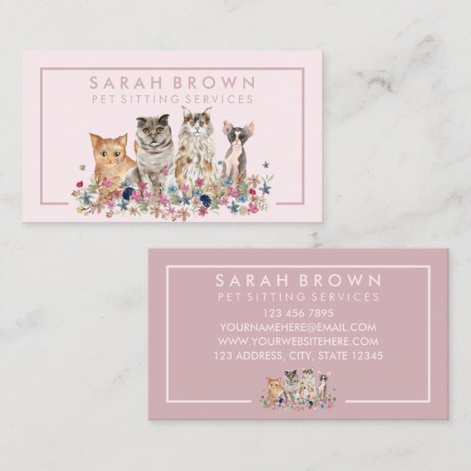 ピンク縁どのフローラフレーム猫 名刺 (正面/裏面)