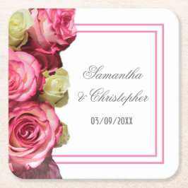 ピンク縁どのフローラ結婚の スクエアペーパーコースター