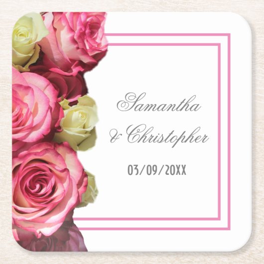 ピンク縁どのフローラ結婚の スクエアペーパーコースター (正面)