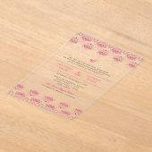 ピンク縁どイカットアナンドカラジシーク結婚ズ アクリル招待状 (レイダウン)