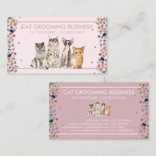 ピンク縁どフローラフレーム猫ラブペットの足 名刺 (正面/裏面)