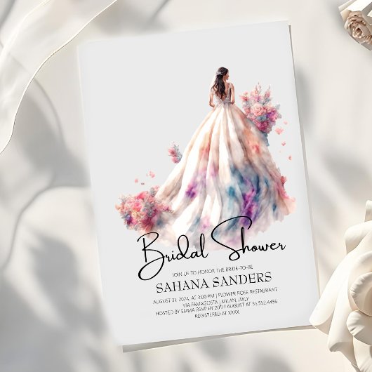 ピンク美しいフローラ結婚のドレスブライダルシャワー 招待状