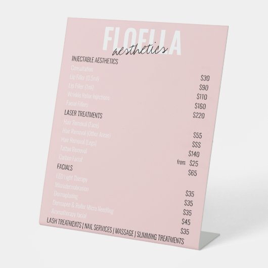 ピンク美学サロンサービス価格リスト 台座サイン (正面)