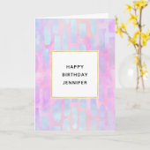 ピンク背景の青い四角形の誕生日 カード (黄色い花)