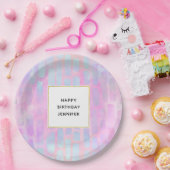 ピンク背景の青い四角形の誕生日 ペーパープレート (パーティー)