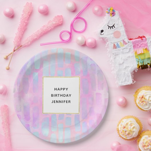 ピンク背景の青い四角形の誕生日 ペーパープレート (パーティー)