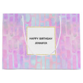 ピンク背景の青い四角形の誕生日 ラージペーパーバッグ (正面)