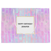 ピンク背景の青い四角形の誕生日 ラージペーパーバッグ (裏面)