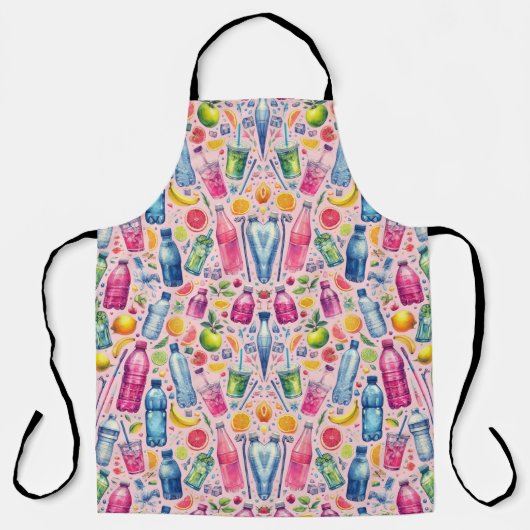ピンク背景カラフルなウォーターボトル エプロン (正面)