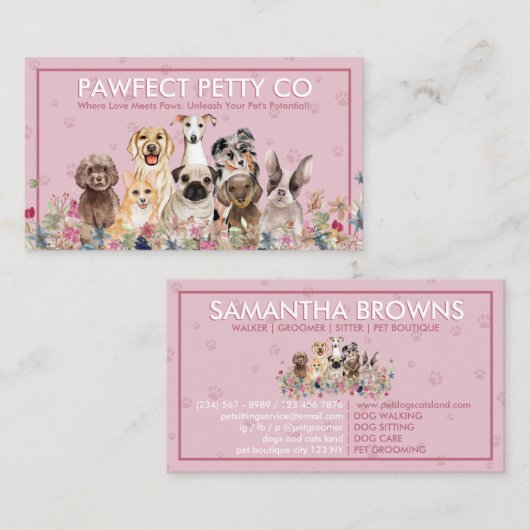 ピンク背景ポーウウォーターカラードッグフラワー 名刺 (正面/裏面)