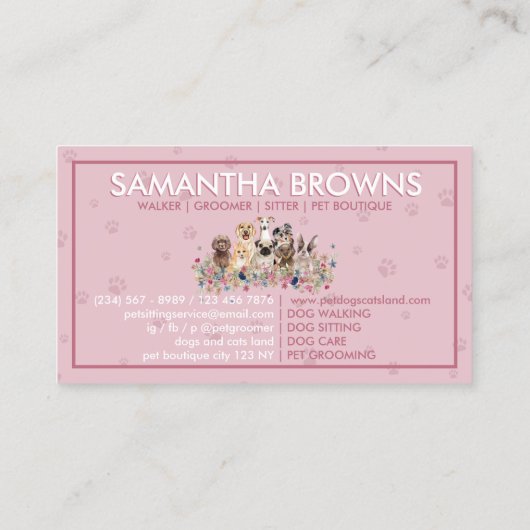 ピンク背景ポーウウォーターカラードッグフラワー 名刺 (裏面)