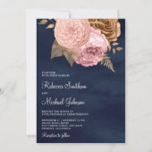 ピンク自然のフローラネイビー結婚ズ 招待状 (正面)