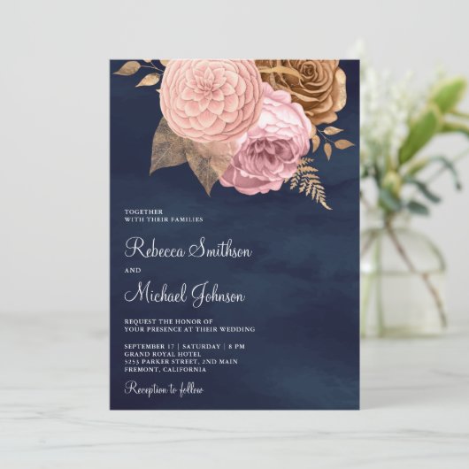 ピンク自然のフローラネイビー結婚ズ 招待状 (スタンド正面)