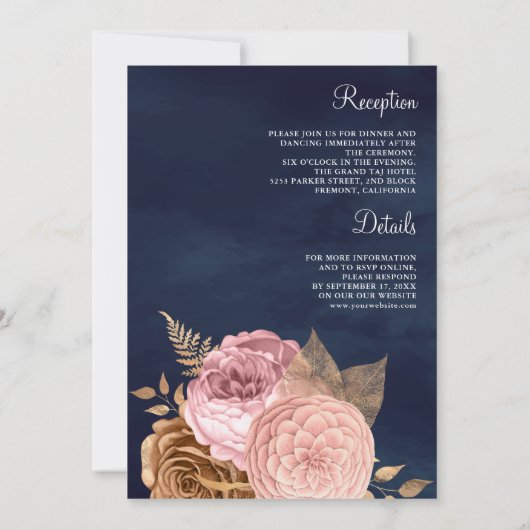 ピンク自然のフローラネイビー結婚ズ 招待状 (裏面)