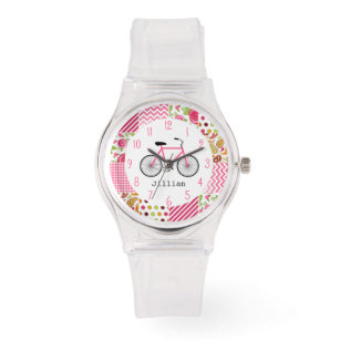 ピンク自転車とパッチワーク模様の腕時計 腕時計