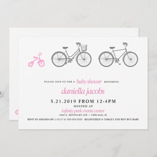 ピンク自転車のベビーシャワー 招待状 (正面/裏面)