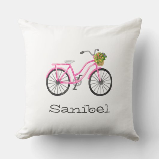 ピンク自転車の花籠の場所サニベルおもしろい クッション (正面)