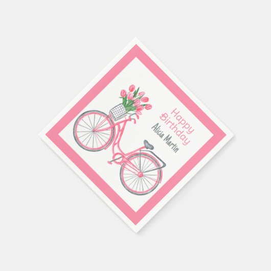 ピンク自転車バスケットチューリップフラワーエイジ誕生日 スタンダードカクテルナプキン (角)