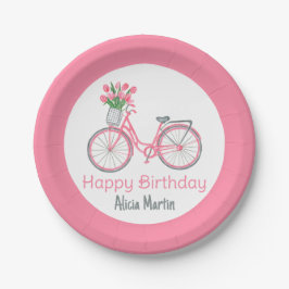ピンク自転車バスケットチューリップフラワーエイジ誕生日 ペーパープレート