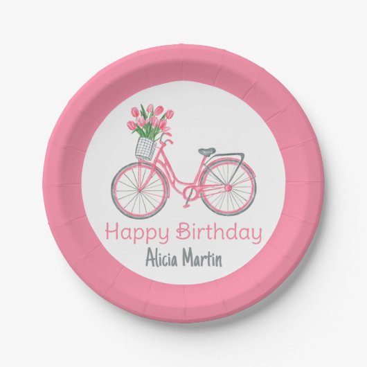 ピンク自転車バスケットチューリップフラワーエイジ誕生日 ペーパープレート (正面)