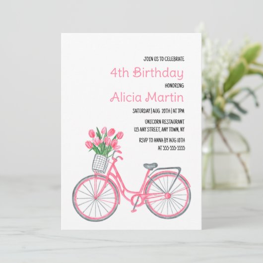 ピンク自転車バスケットチューリップフラワーエイジ誕生日 招待状 (スタンド正面)