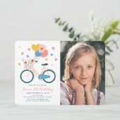 ピンク自転車バルーン&ハートガール誕生日写真 招待状 (スタンド正面)