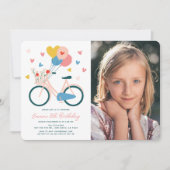 ピンク自転車バルーン&ハートガール誕生日写真 招待状 (正面)