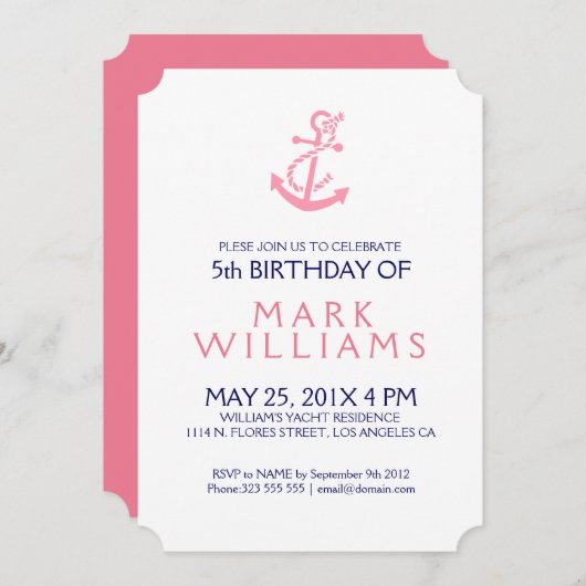 ピンク航海のいかりバースデーパーティー招待状 招待状 (正面/裏面)