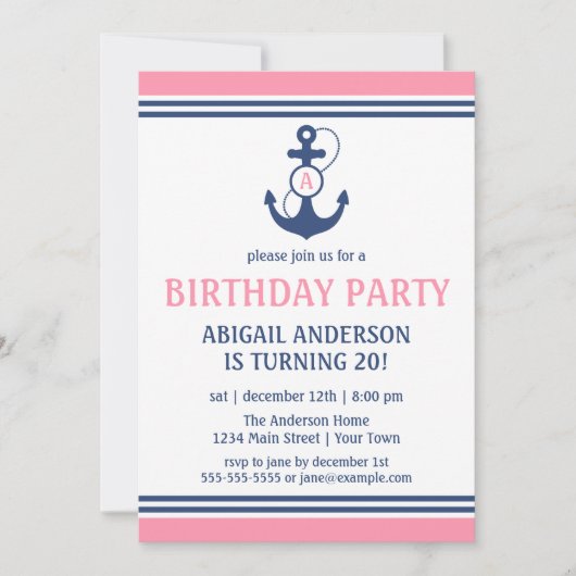 ピンク航海のいかりバースデーパーティ招待状 招待状 (正面)