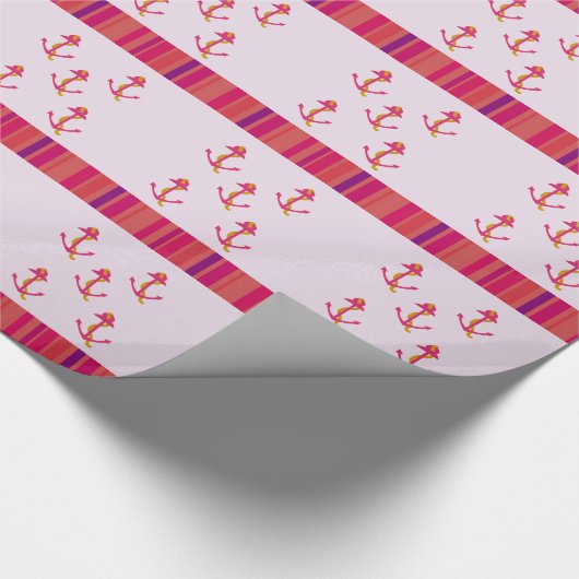 ピンク航海ののいかりとストライプ ラッピングペーパー (角)