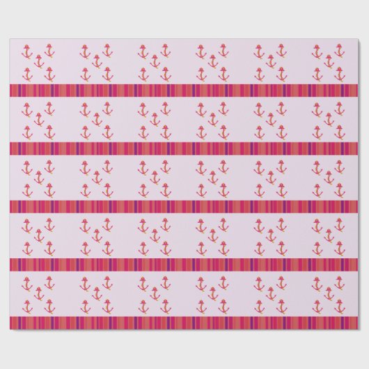 ピンク航海ののいかりとストライプ ラッピングペーパー (フラット)
