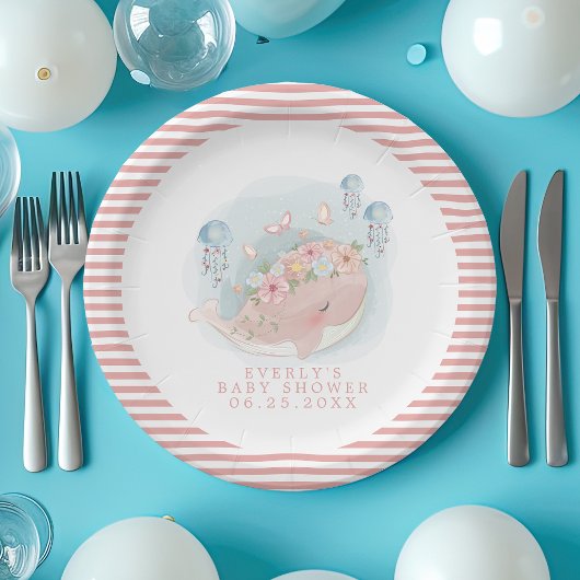 ピンク航海ののホエールクラゲの女の子ベビーシャワー ペーパープレート