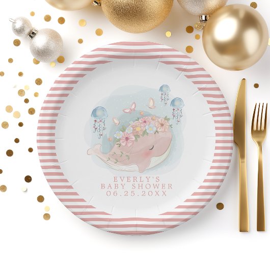 ピンク航海ののホエールクラゲの女の子ベビーシャワー ペーパープレート