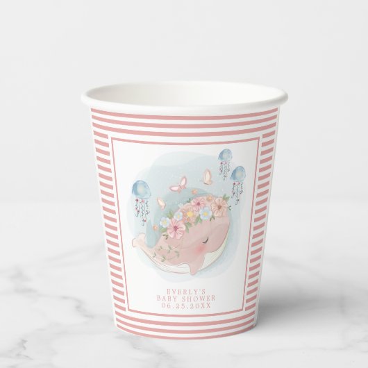 ピンク航海ののホエールクラゲの女の子ベビーシャワー 紙コップ (裏面)
