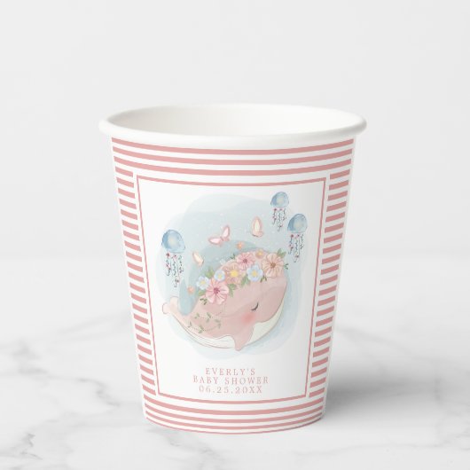 ピンク航海ののホエールクラゲの女の子ベビーシャワー 紙コップ (正面)